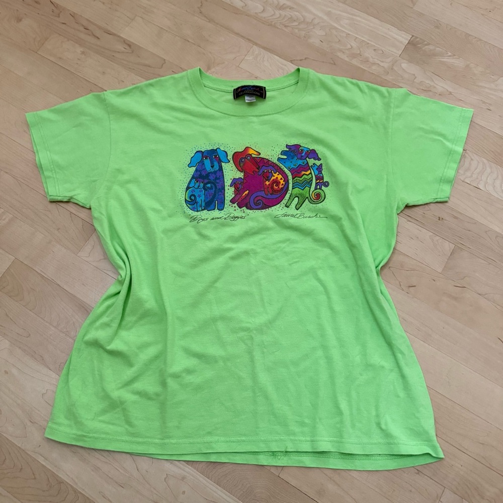 Vintage Laurel Burch Vibrant Green Tee Dogs and Doggies size XL